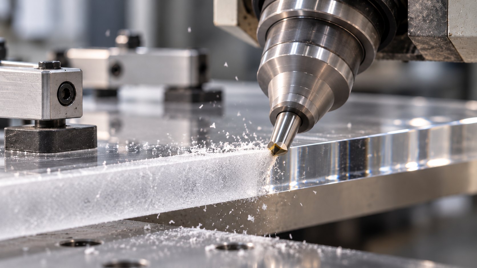 A thick clear acrylic sheet on an edge polishing machine, with a glass-clear polished edge