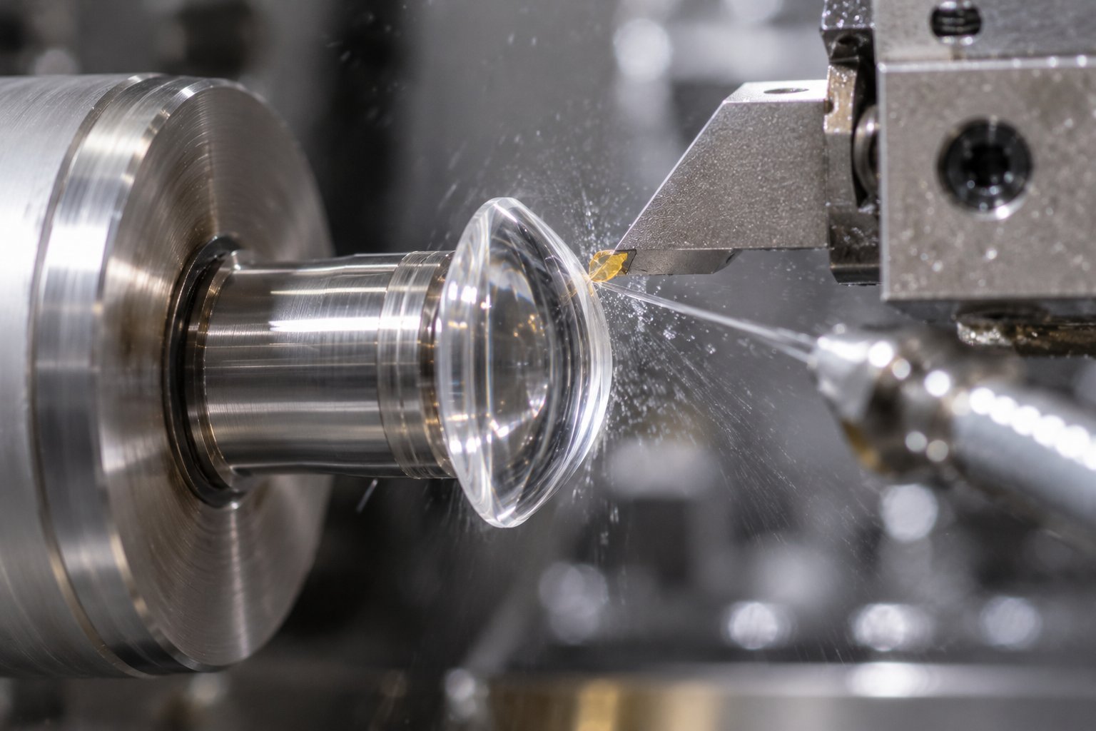 A clear contact lens being cut on a precision lathe by a small single crystal diamond tool