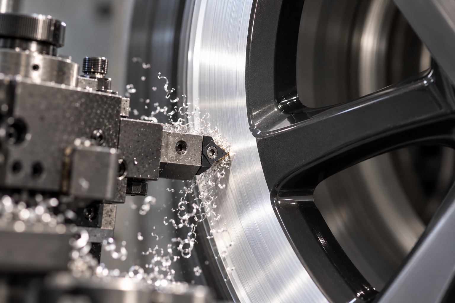 Un outil diamant usinant la face brillante d’une jante en alliage sur un tour à jantes CNC