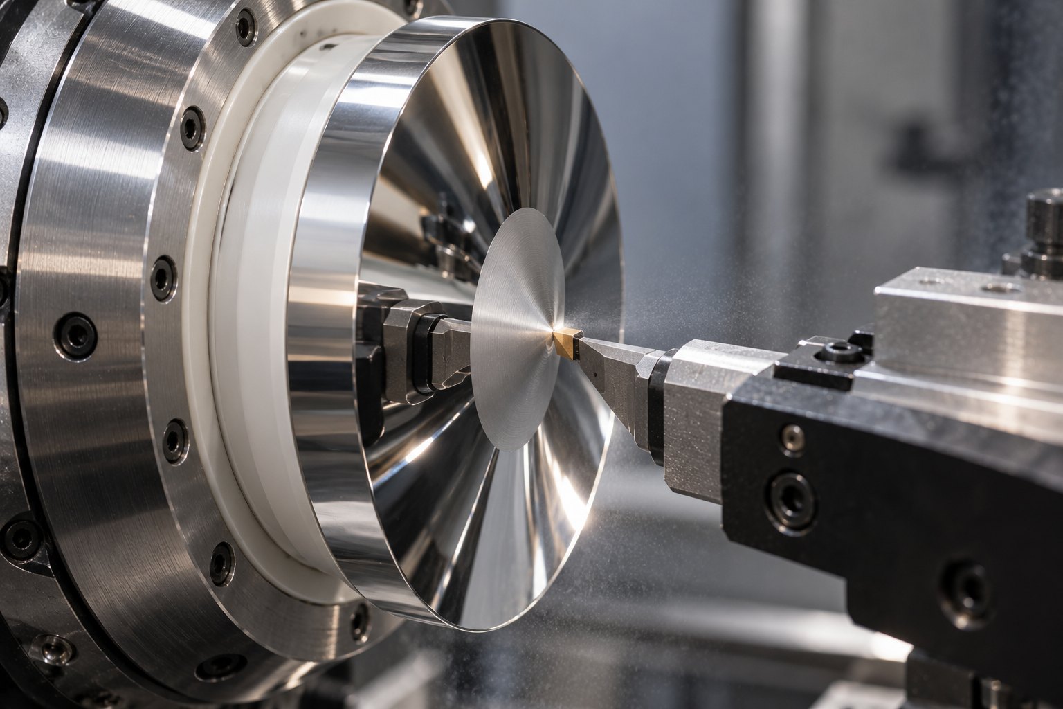 Un outil diamant tournant une optique en aluminium brillante comme un miroir sur un tour d’ultra-précision