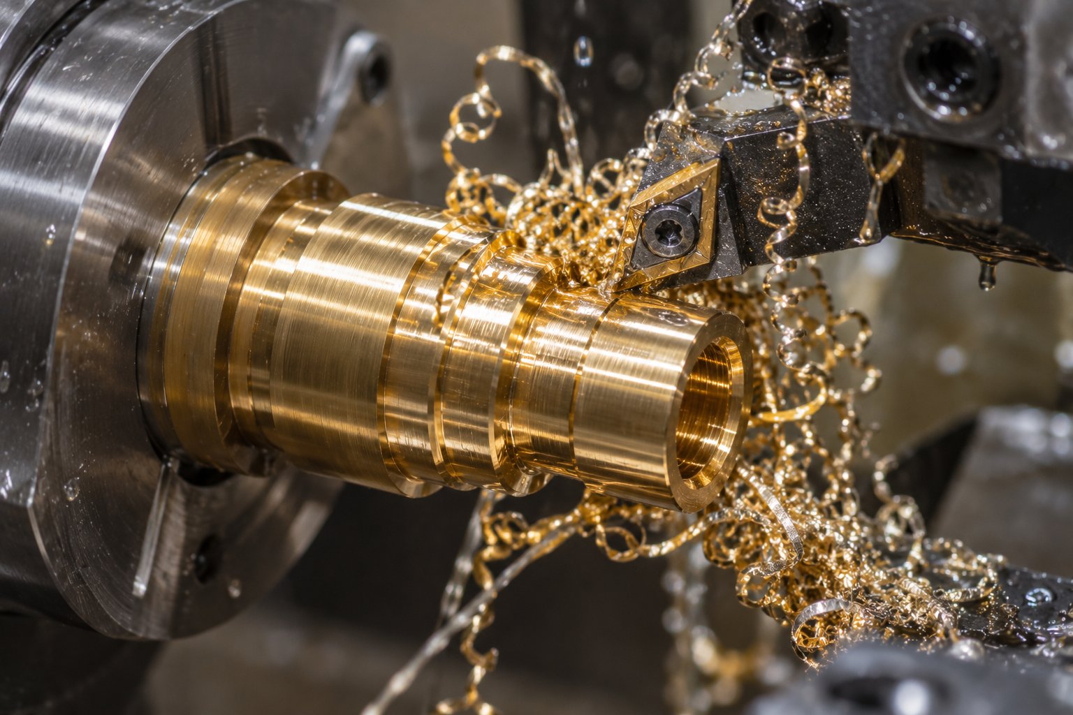 Long tangled brass chips wrapping around a brass fitting and a carbide insert on a CNC lathe