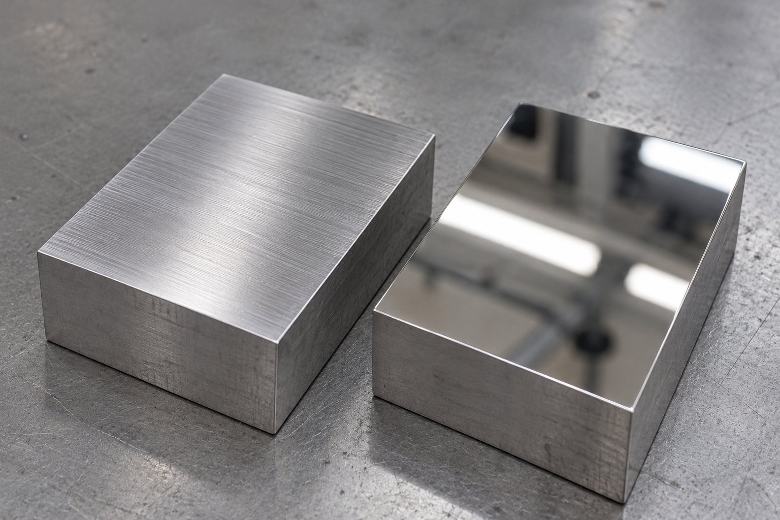 Two machined aluminum blocks side by side: a bright satin face and a true mirror face
