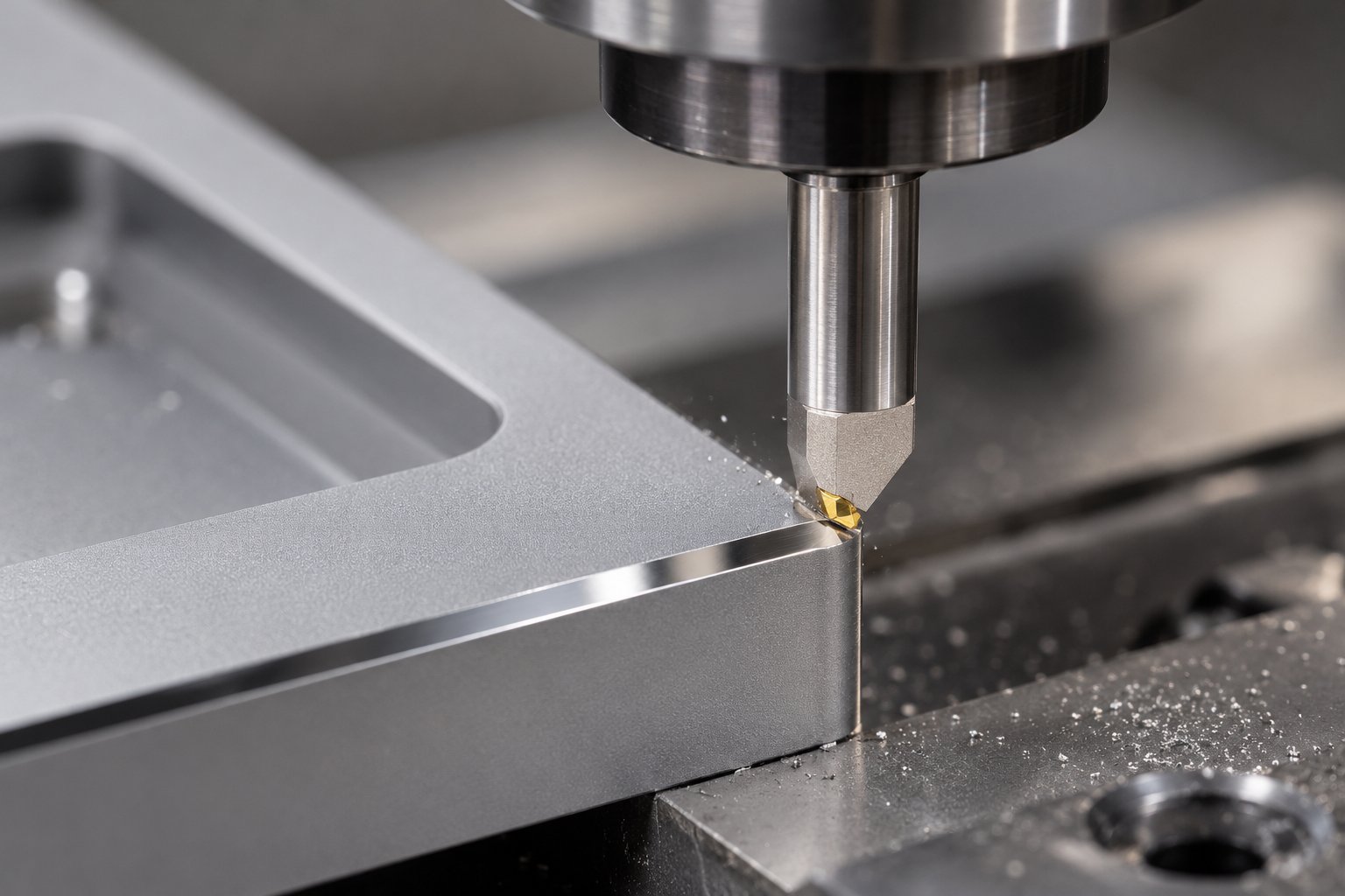 A single crystal diamond chamfer cutter cutting a mirror-bright chamfer on an aluminum housing