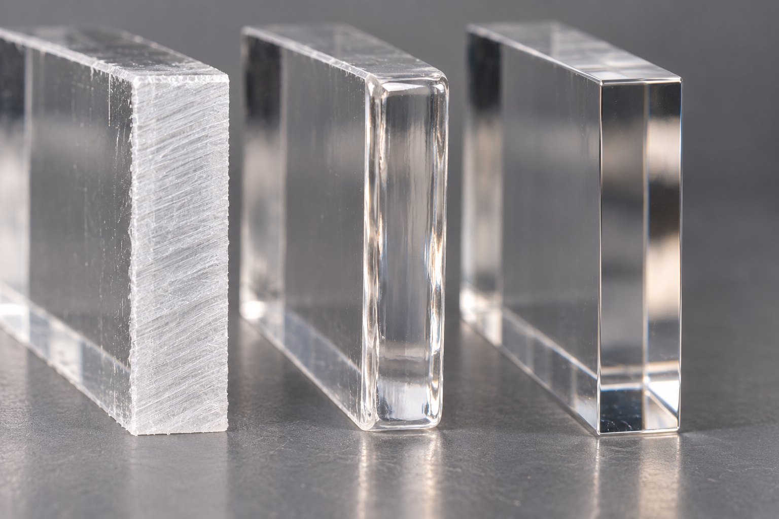 Trois blocs de plexiglas côte à côte : un chant scié blanc, un chant poli à la flamme et un chant transparent et d’équerre poli au diamant