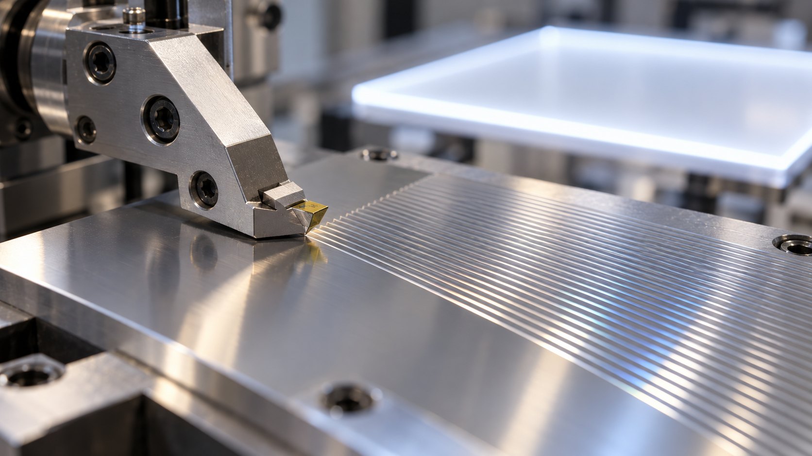 A flat mold surface under an ultra-precision machine, a small diamond tool cutting fine parallel V-grooves