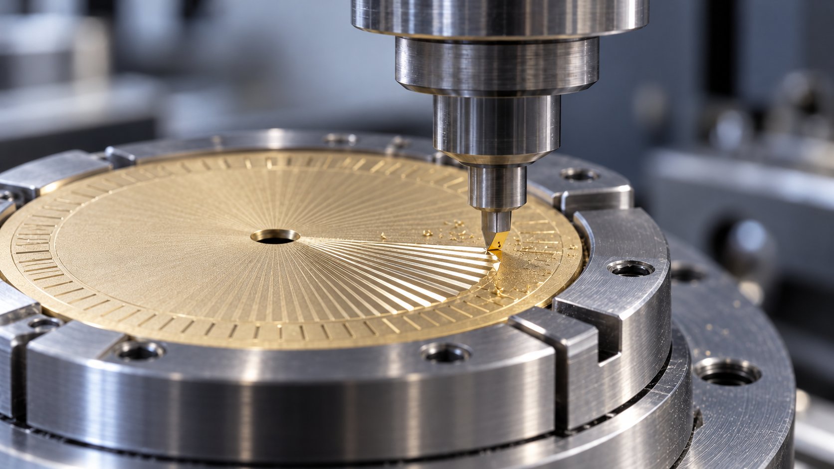 Un petit outil diamant taille un motif rayonné sur un cadran en laiton, sur machine CNC