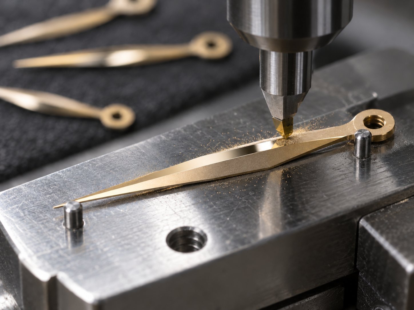 Un petit outil diamant taille une facette miroir sur une aiguille de montre dorée