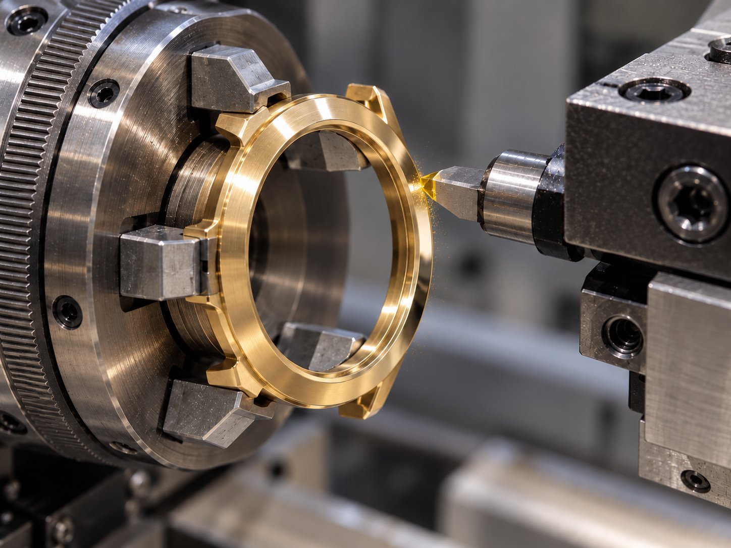 Un outil diamant tourne l’arête brillante d’une boîte de montre en or sur un tour de précision