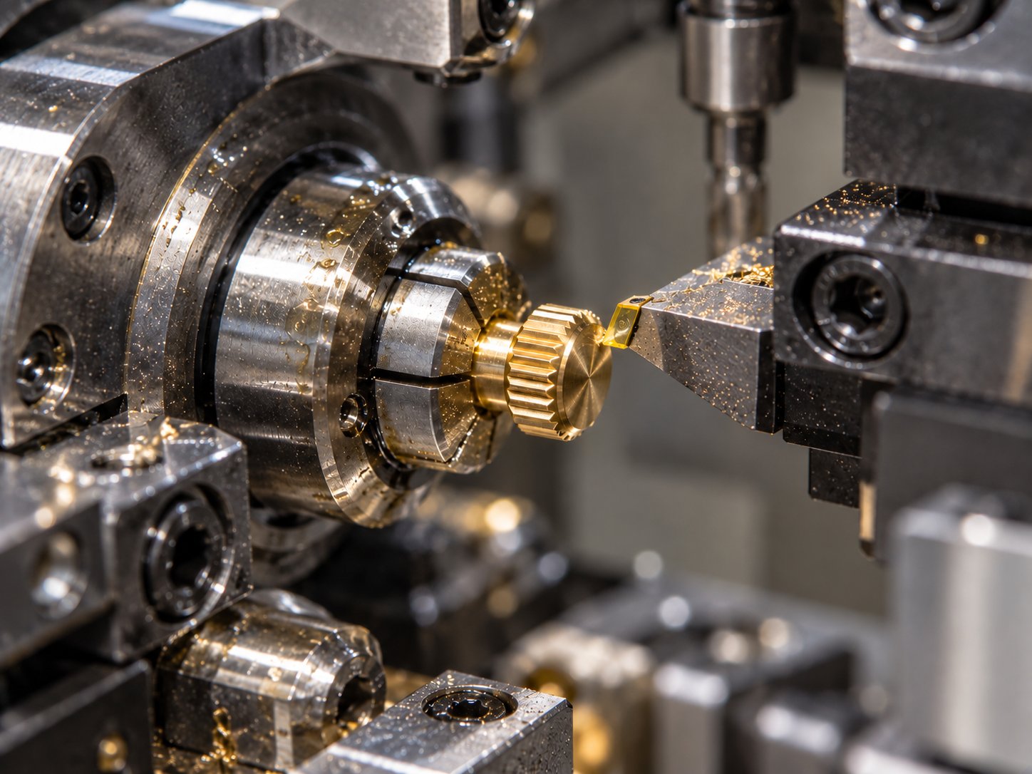 Un outil diamant dresse le dessus brillant d’une couronne de montre en laiton sur une décolleteuse