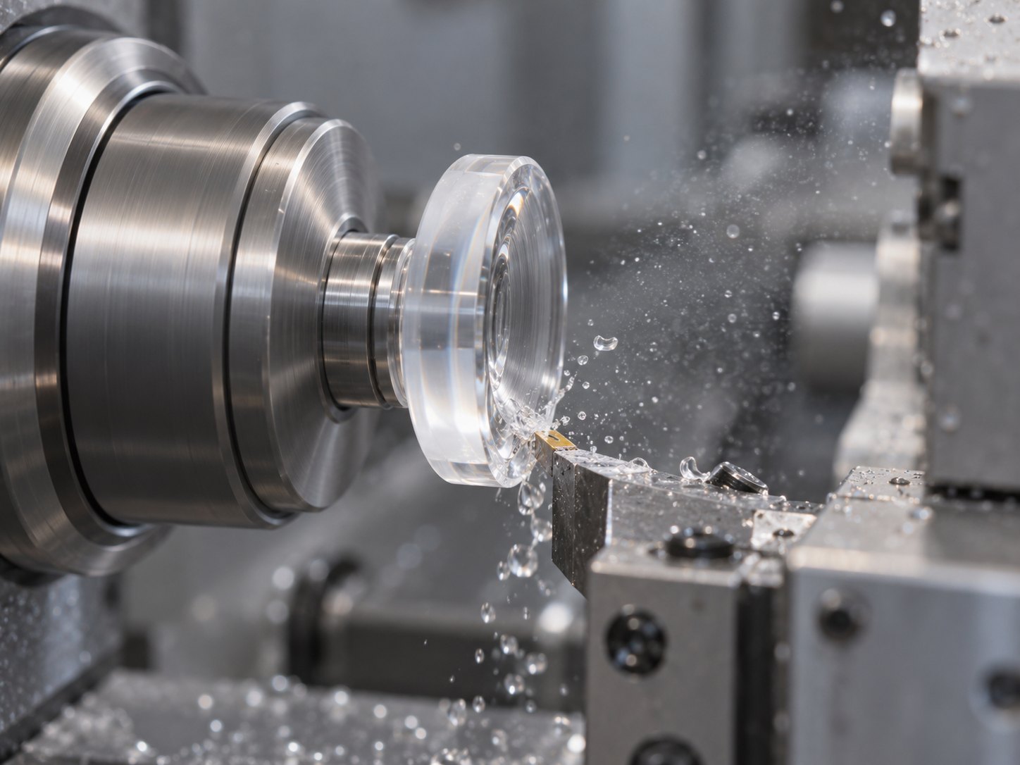 A clear lens button on the spindle of a lens lathe, a diamond tool cutting its face