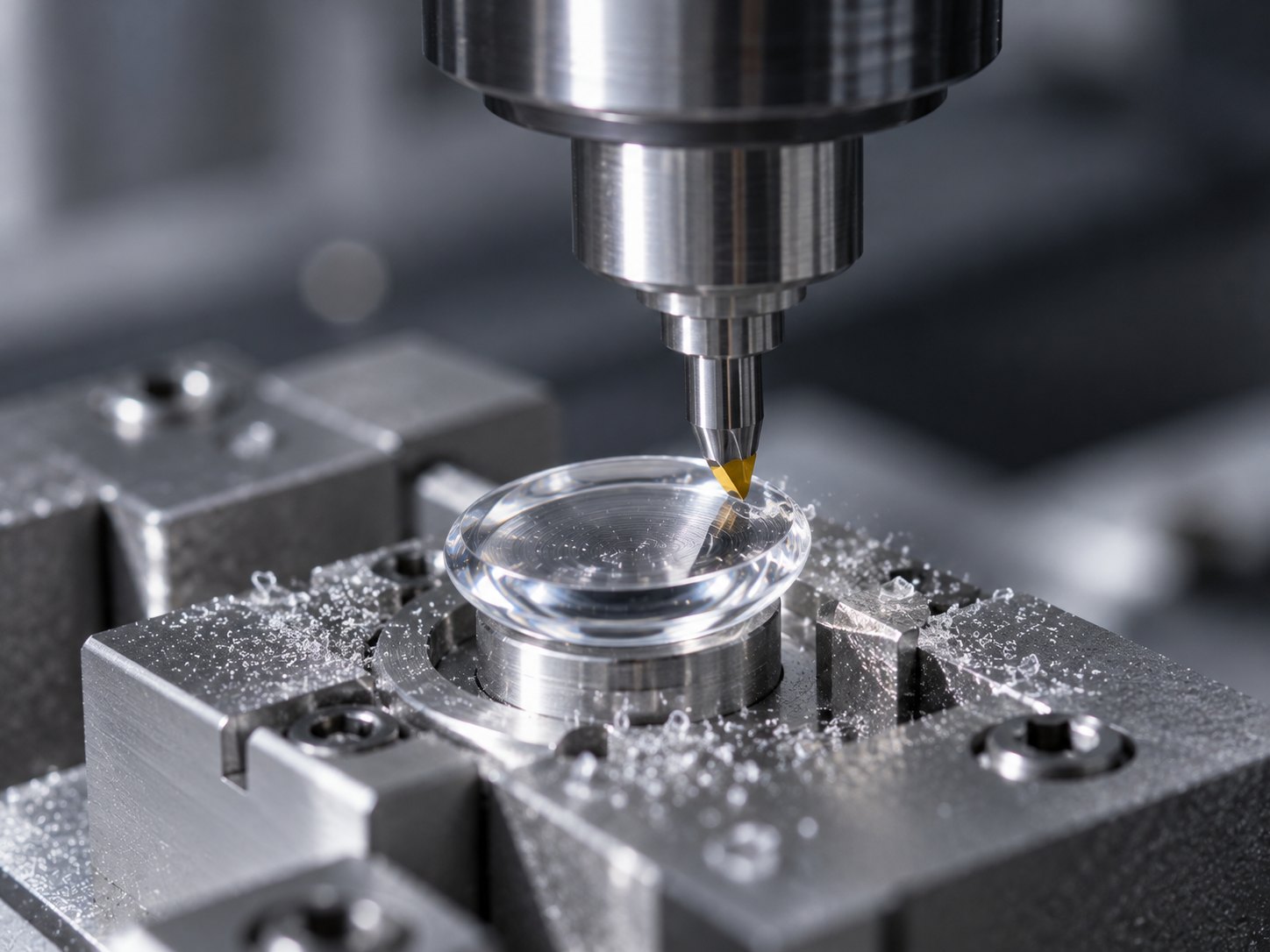 Eine klare Linse in einer Vorrichtung, bearbeitet von einem diamantbestückten Werkzeug unter einer senkrechten Spindel