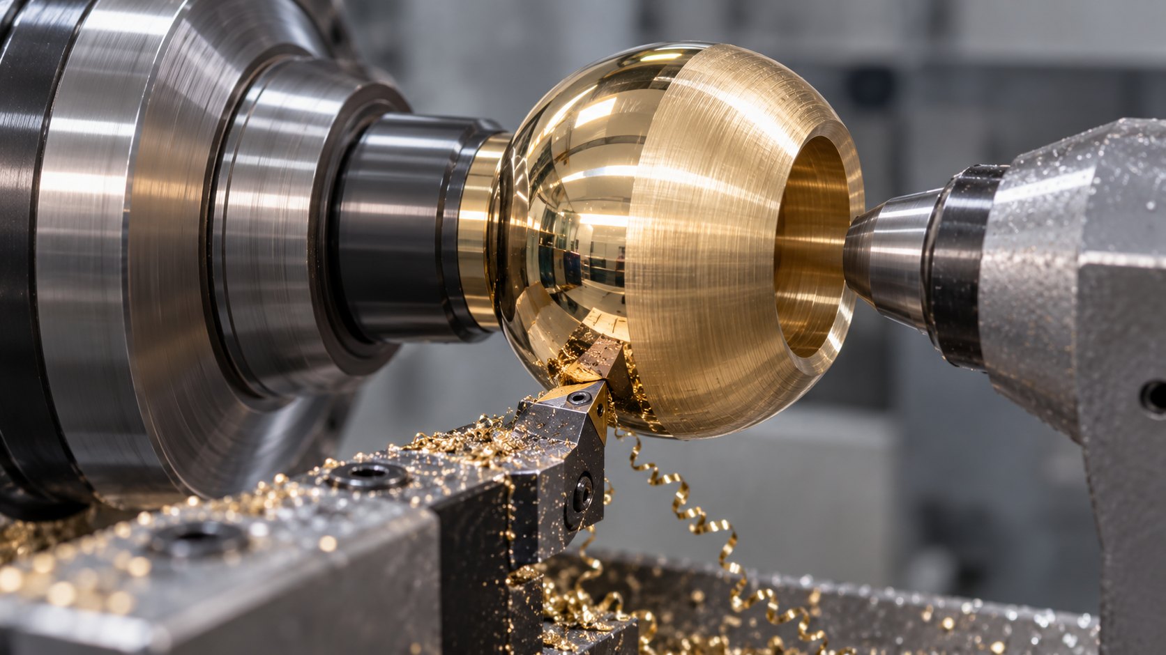 A brass ball in a ball turning unit, its lower half already mirror-bright under a film of coolant